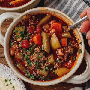 Peut inclure: Une soupe de bœuf et de légumes copieuse dans un bol en céramique blanc. Elle contient des morceaux de pommes de terre, de carottes, de haricots verts et de bœuf haché dans un bouillon rouge. Du persil frais garnit le dessus. Une cuillère est dans la soupe.