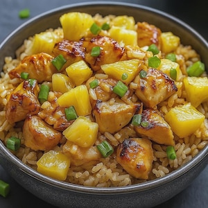 Puede incluir: Primer plano de un cuenco lleno de una comida colorida. El plato presenta arroz integral, cubierto con trozos de pollo a la parrilla y piña amarilla brillante. Rodajas de cebolleta se esparcen por todo el plato, añadiendo un toque fresco. El cuenco es gris oscuro.