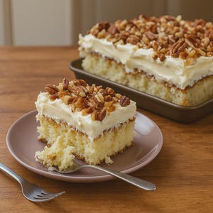 以下が含まれることがあります： ピンクの皿にフォークが添えられたケーキのスライス。ケーキは薄い黄色のベース、白いフロスティングの層があり、刻んだピーカンナッツがトッピングされています。別のケーキが背景の茶色のベーキングパンに入っています。