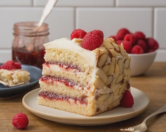 Puede incluir: Una rebanada de pastel en capas con glaseado blanco, relleno de frambuesa y almendras en láminas. Las frambuesas frescas coronan el pastel. Un trozo pequeño de pastel con una frambuesa está sobre un plato azul. Un tarro de mermelada y un cuenco de frambuesas están en el fondo.