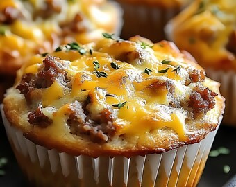 Receta fácil de muffins de salchicha y queso para el desayuno o fiestas (Descarga digital)