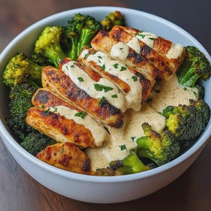 Op de afbeelding: Een lichtblauwe kom gevuld met gegrilde kip, broccoliroosjes en romige saus. De kip is in plakjes gesneden en overgoten met saus en peterselie. De broccoli is heldergroen en de saus is lichtbeige.