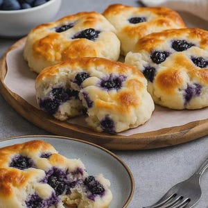 May include: Image of freshly baked blueberry scones on a wooden serving tray. The scones have a golden-brown crust and are filled with juicy blueberries. One scone is cut open, revealing the soft interior and the vibrant purple berries.