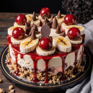 Puede incluir: Un pastel redondo con un relleno de crema blanca, cubierto con rodajas de plátano, cerezas rojas glaseadas y decoraciones de chocolate. El pastel tiene un glaseado rojo que gotea por los lados.