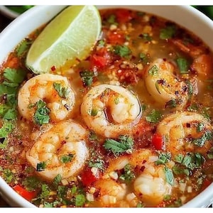 Ricetta per la zuppa piccante di gamberi in festa / Pasto veloce e saporito per la sera infrasettimanale (download digitale)