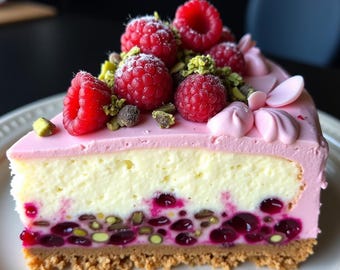 Receta de tarta de queso con pistacho y frambuesa: postre sin horno (descarga digital)