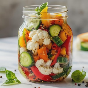 Peut inclure: Un bocal en verre transparent rempli de légumes marinés colorés. Le bocal contient des fleurons de chou-fleur, des tranches de concombre, des poivrons rouges et jaunes et des feuilles de basilic. Les légumes sont immergés dans une saumure claire.