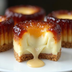 Puede incluir: Un primer plano de un postre de flan de caramelo con un centro de caramelo pegajoso. El postre está cubierto con una capa de salsa de caramelo y tiene una corteza crujiente de color marrón dorado.