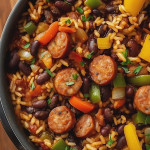 Op de afbeelding: Een close-up van een stevig gerecht met gesneden worst, zwarte bonen en rijst. Het gerecht is gegarneerd met verse kruiden en kleurrijke paprika's. De ingrediënten zijn gemengd in een donkere kom, wat een smakelijke maaltijd oplevert.