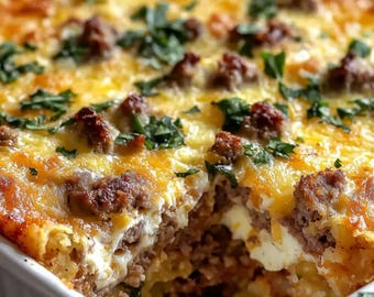 Receita de Caçarola de Salsicha, Ovo e Cream Cheese: Brunch Preparado com Antecedência (PDF Digital)