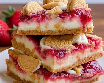 Best Recipe for Strawberry Cheesecake Bars | Golden Oreo Crust & Fresh Strawberry Sauce | Printable Digital Download