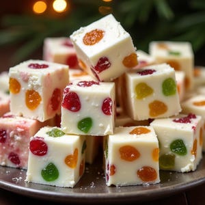 Puede incluir: Un plato de fudge blanco con caramelos de colores. El fudge está cortado en cuadrados y está dispuesto en una pila en el plato. Los caramelos son rojos, verdes y naranjas.