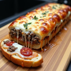 May include: A close-up of a cheesy bread loaf with a meat filling. The bread is sliced and topped with melted cheese and herbs. A slice of the bread is on a wooden chopping board.
