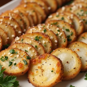 May include: Close-up of a plate of crispy potato rounds topped with herbs and cheese. The potato rounds are golden brown and have a slightly crispy texture.