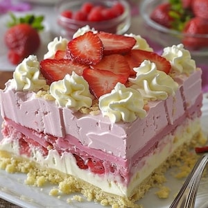 Könnte beinhalten: Ein mehrschichtiges Dessert mit Erdbeeren und Schlagsahne. Der Kuchen hat einen bröseligen Boden, eine cremige weiße Schicht, eine rosa Schicht und eine Erdbeerschicht, garniert mit geschnittenen Erdbeeren und Schlagsahne.