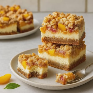 May include: A stack of three peach crumble bars on a white plate, with a bite taken out of one. The bars have a buttery crust, a creamy filling, and a peach and crumble topping. A fork rests beside a small piece.