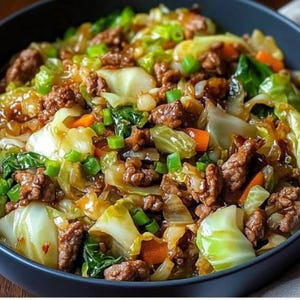 Puede incluir: Un plato cocinado en un cuenco oscuro, con col, zanahorias y carne. Adornado con cebolletas. El conjunto está bañado en una sabrosa salsa. Un plato colorido y apetitoso.