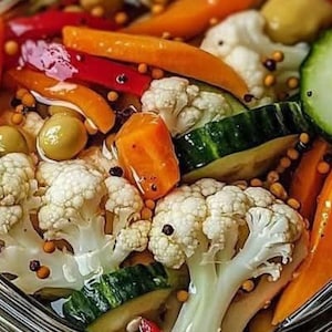 Peut inclure: Gros plan sur un bocal rempli de légumes marinés. On y voit des bouquets de chou-fleur, des bâtonnets de carottes, des tranches de concombre, des poivrons rouges et des olives vertes. Les légumes sont dans une saumure claire avec des grains de poivre et des graines de moutarde.