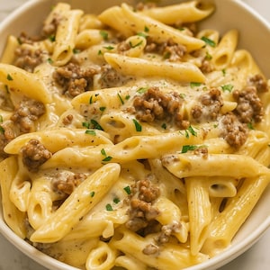 Puede incluir: Primer plano de un plato de pasta penne cubierto con una salsa cremosa de color amarillo claro. La preparación incluye carne picada dorada y hierbas verdes picadas. Un plato de pasta italiana.