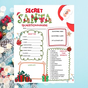 Secret Santa Printable Questionnaire. Secret Santa Instant Download form. Secret Santa Wish List. Secret Santa questionnaire download.