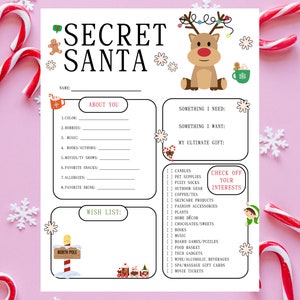 Formulario de descarga instantánea de Secret Santa. Cuestionario imprimible de Papá Noel secreto. Lista secreta de deseos de Papá Noel. Descarga del cuestionario del Papá Noel Secreto.