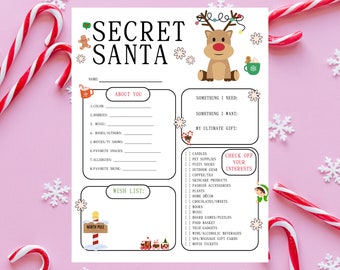 Secret Santa Instant Download form. Secret Santa Printable Questionnaire. Secret Santa Wish List. Secret Santa questionnaire download.