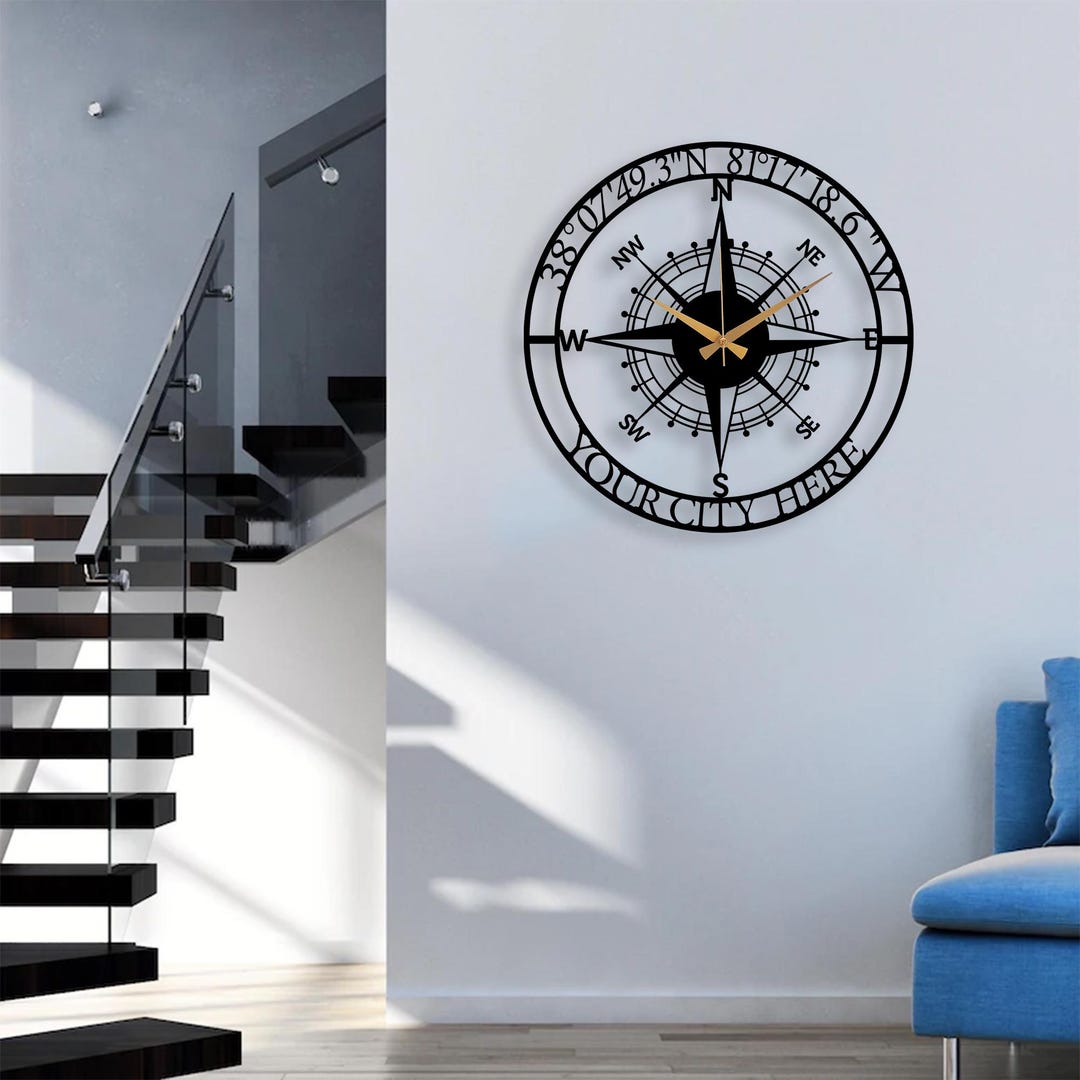 Personalized Metal Compass Wall Clock: Nautical Coordinates, Modern ...