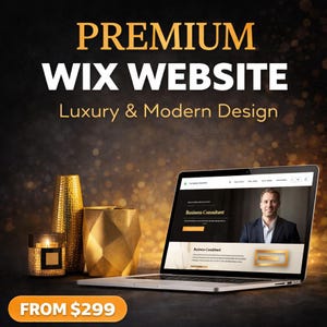 May include: A laptop showing a website design with the text "PREMIUM WIX WEBSITE" and "Luxury & Modern Design." Gold vases and a candle are next to the laptop. The text "FROM £299" is at the bottom.