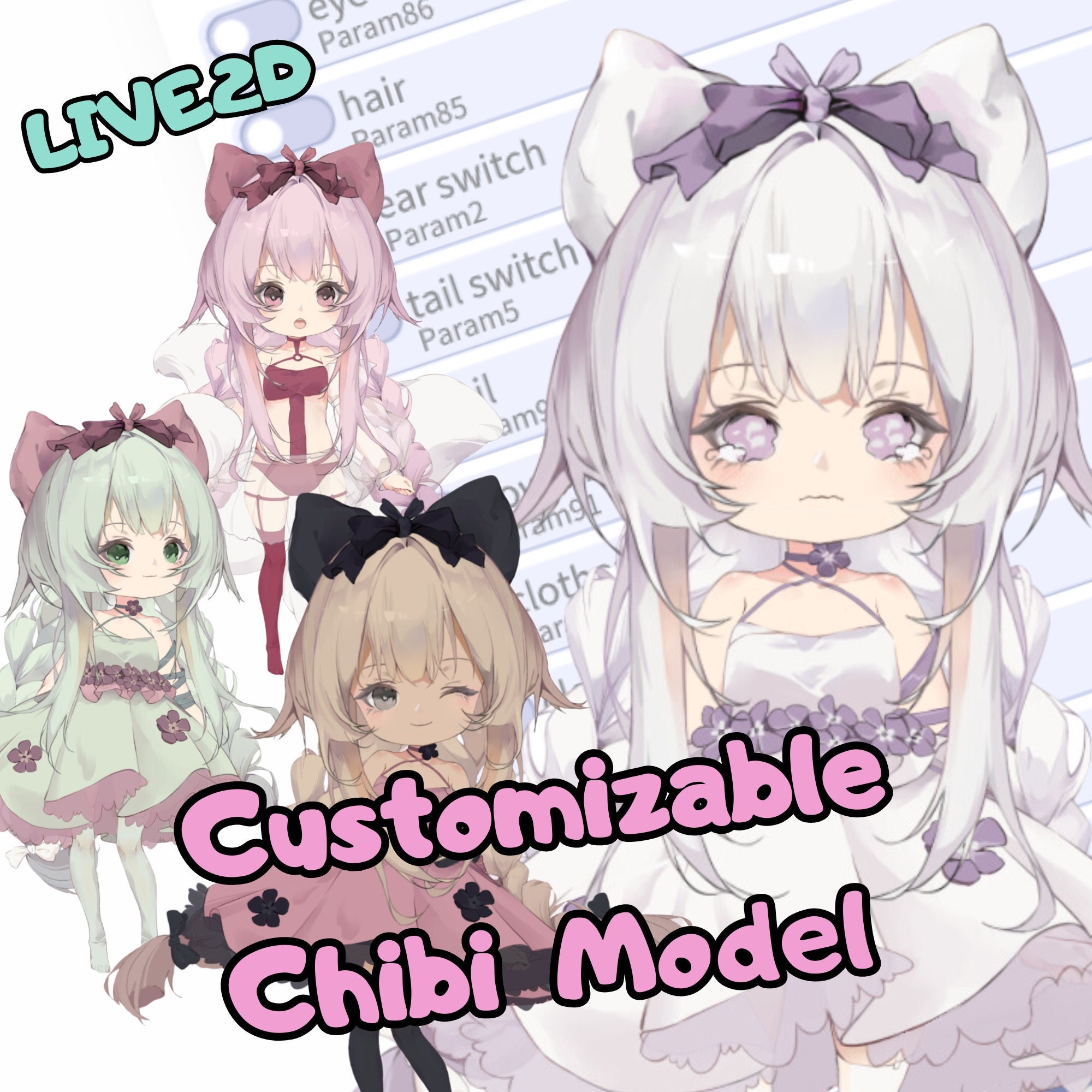 Premade Customizable Chibi Live2D Vtuber Model for Streaming - Cute Cat & Fox Girl | Fully Rigged | Ready to Use | Commercial Use