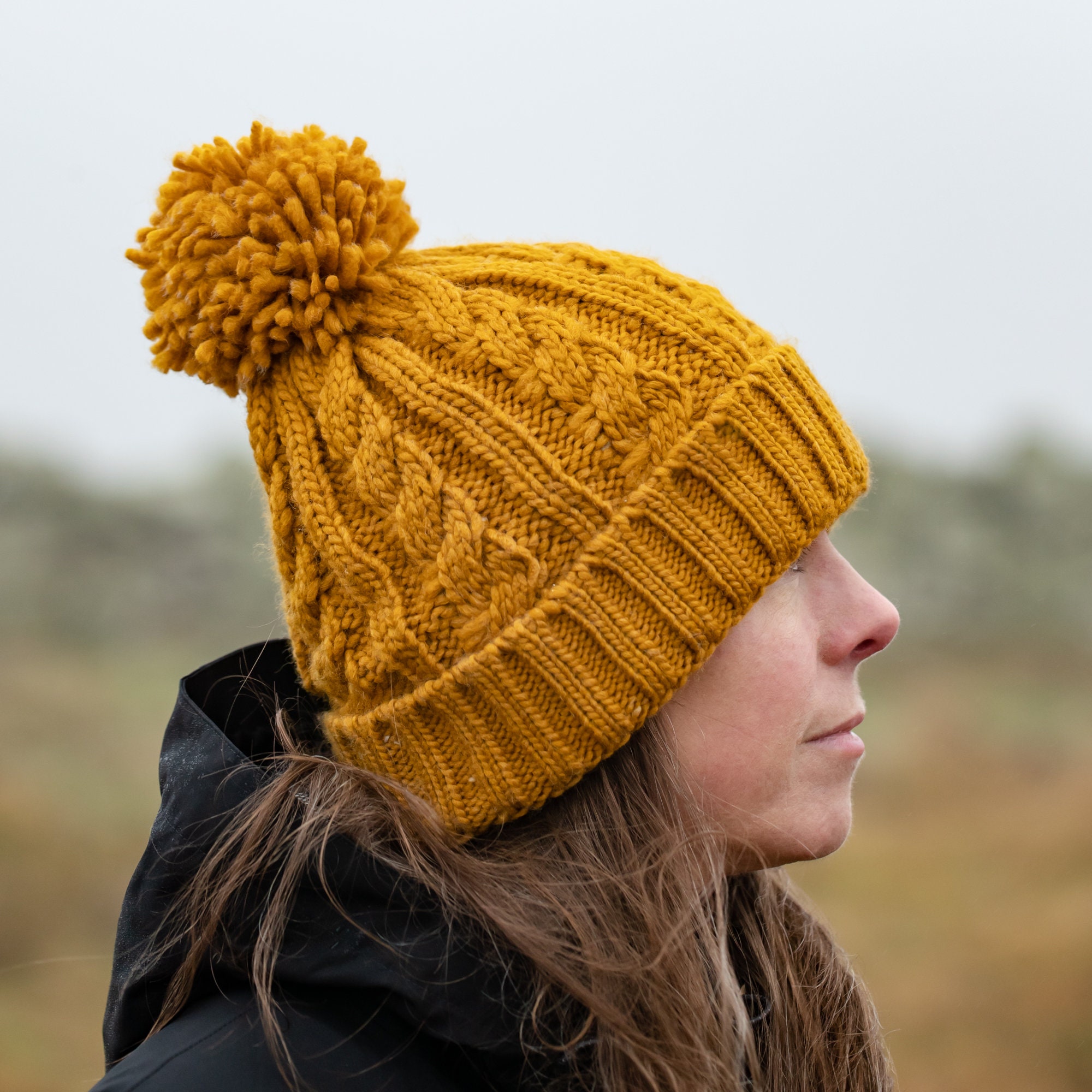 Fleece Lined Cable Knit Hat with Cuff and Bobble, Mustard Yellow Oversized  Warm Winter Pom-Pom Beanie for Men and Women