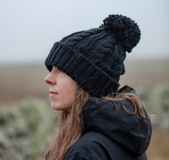 Fleece Lined Cable Knit Bobble Hat, Oversized Cuffed Black or Navy