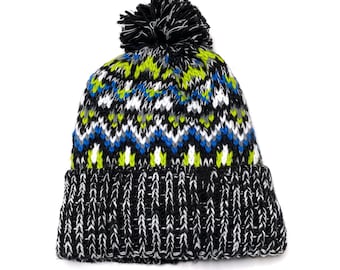 Fleece Lined Bobble Beanie in Black Fair Isle Nordic Geometric Pattern for Men and Women, Cuffed Pom Winter Ski Hat.