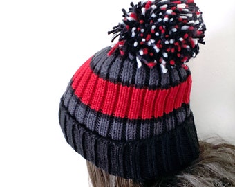 Chunky Fleece Lined Knit Bobble Beanie in Black, Red and Grey Stripes for Men and Women, Cuffed Nordic Pom Winter Ski Hat