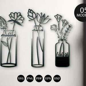 May include: Three metal wall art pieces depicting flowers in vases. The vases and flowers are rendered in a minimalist style with clean lines. The image includes a circle with the text "05 MODELS" and icons for SVG, PNG, PDF, EPS, and DXF file formats.