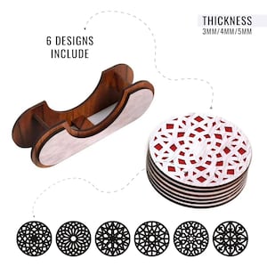 May include: A wooden coaster set featuring six geometric designs. The set includes a dark brown wooden holder and coasters with a white and red design. The text "6 DESIGNS INCLUDE" is visible. Thickness: 3mm/4mm/5mm.