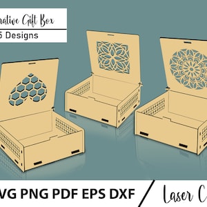 Caja de regalo decorativa SVG, caja de regalo decorativa con diferentes patrones, caja de joyería con tapa, archivos vectoriales para corte láser de madera