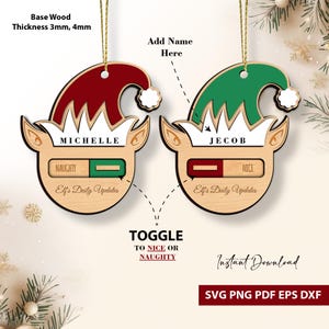 Elf Report Ornamento di Natale SVG, Bambini Svg Personalizzato, Passa a Niente o Bello, Facile da Tagliare e Incidere Solo, Modello SVG Pronto per Laser