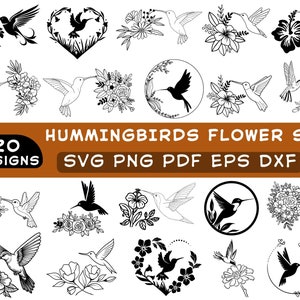 Pacote SVG de flor de beija-flor, 20 beija-flor floral Svg, imagem de clipart de pássaro, vetor de arte para impressão, animal voando, arquivo Cricut e silhueta