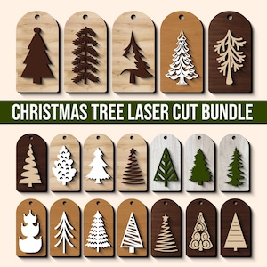 Puede incluir: Una colección de adornos navideños de madera cortados con láser en varios diseños. Los adornos son en tonos marrón, blanco y verde, con una variedad de formas de árboles. El texto "CHRISTMAS TREE LASER CUT BUNDLE" se muestra en la parte superior.