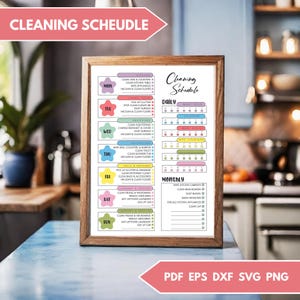 Könnte beinhalten: Ein druckbarer Reinigungs-Checklistenplan mit einem farbenfrohen Design. Die Checkliste enthält tägliche, wöchentliche und monatliche Aufgaben für verschiedene Bereiche des Hauses, wie Küche, Badezimmer und Schlafzimmer. Die Checkliste ist nach Wochentagen geordnet und enthält Kontrollkästchen für jede Aufgabe.