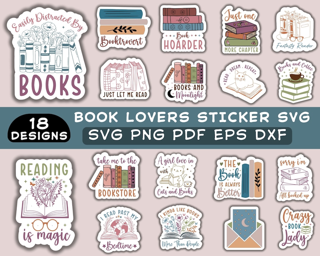 Digital Sticker Book Lover Bundle PNG SVG, Book Lovers Digital Stickers ...