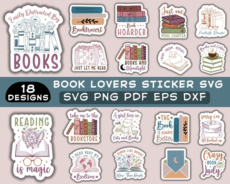 Digital Sticker Book Lover Bundle PNG SVG, Book Lovers Digital Stickers ...