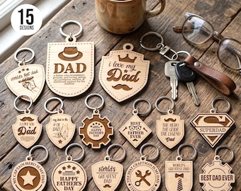Father's day keychains Lasercut bundle, Best Dad keyring laser cut files, Fathers day quotes svg, wooden engraved keychain
