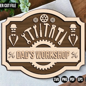Cartello da parete o da porta per l'officina del papà, regalo per la festa del papà, taglio laser, file per il taglio laser della segnaletica dell'officina, cartelli per officina in formato DXF, regalo per papà, regalo per lui