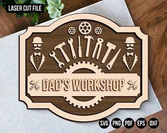 Dads Workshop Wand- oder Türschild, Vatertagsgeschenk, Lasercut, Werkstattbeschilderung, Laserschnittdatei, Werkstattschilder dxf, Geschenk Dad, Geschenk für Ihn