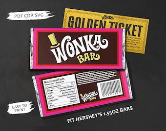 Wonka Chocolate Bar Label, Willy Wonka Party Supplies, 1.55oz Digital PDF for Hershey's, DIY Wrapper, Party Favor, Halloween, Birthday