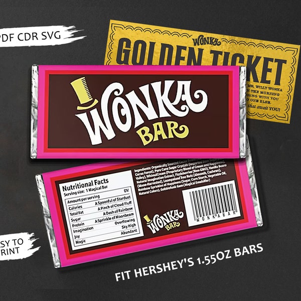 Wonka Chocolate Bar Label, Willy Wonka Party Supplies, 1.55oz Digital PDF for Hershey's, DIY Wrapper, Party Favor, Halloween, Birthday