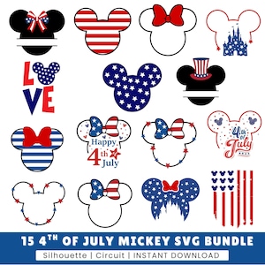 May include: A collection of patriotic Mickey Mouse head designs in red, white, and blue. Includes designs with stars, stripes, bows, and text that says "Happy 4th of July" and "Love". The text "15 4th of July Mickey SVG Bundle" is also present.