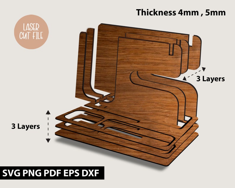 May include: A wooden organiser with three layers, designed to be laser cut. The organiser has a rectangular base and a curved top. The text "Thickness 4mm, 5mm" and "3 Layers" is visible on the image. The text "LASER CUT FILE" and "SVG PNG PDF EPS DXF" is also visible on the image.