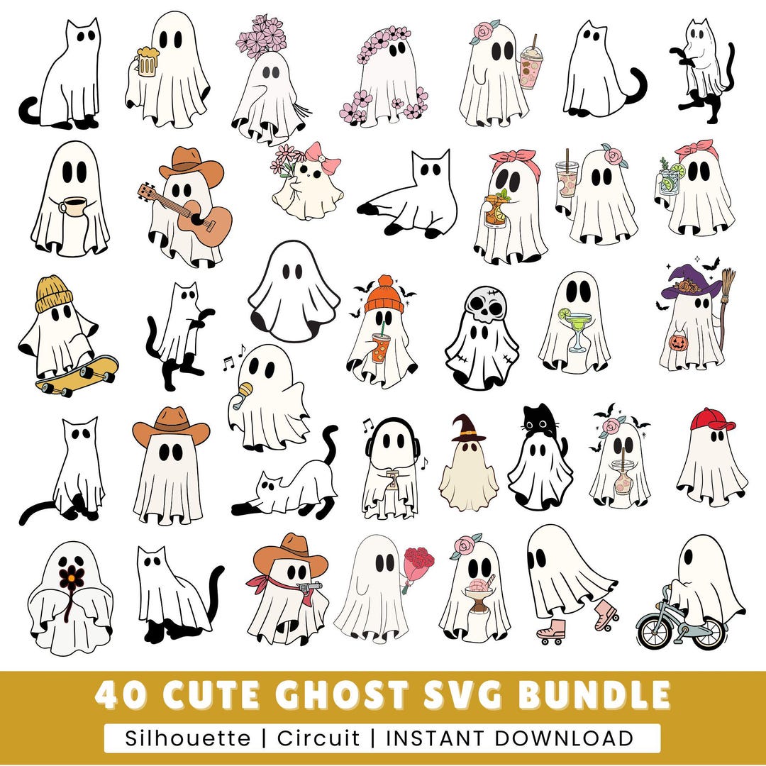 Cute Ghost Svg Bundle, 40 Retro Ghost Png, Retro Floral Ghost Png ...